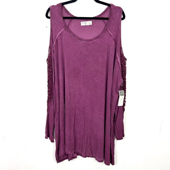NWT Terra & Sky Knit Top Purple Cold Shoulder Long Sleeve Lace Accent 3X - Picture 1 of 5